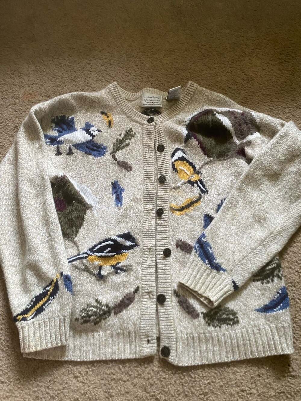 Northern Treasures Cardigan Sweater Size M/M Beige Wool Blend Bird Theme